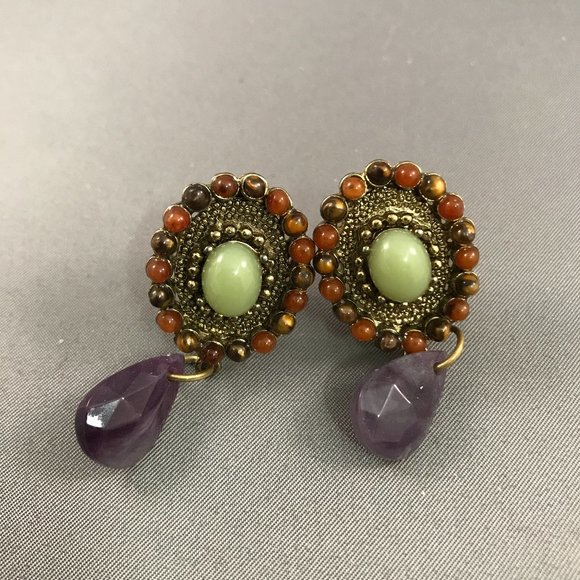 Vintage Clip On Earrings Multi Stones - Picture 1 of 6